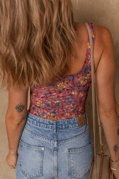 Purple Floral Printed Mesh U Neck Sleeveless Bodysuit Fashion - Love Salve 