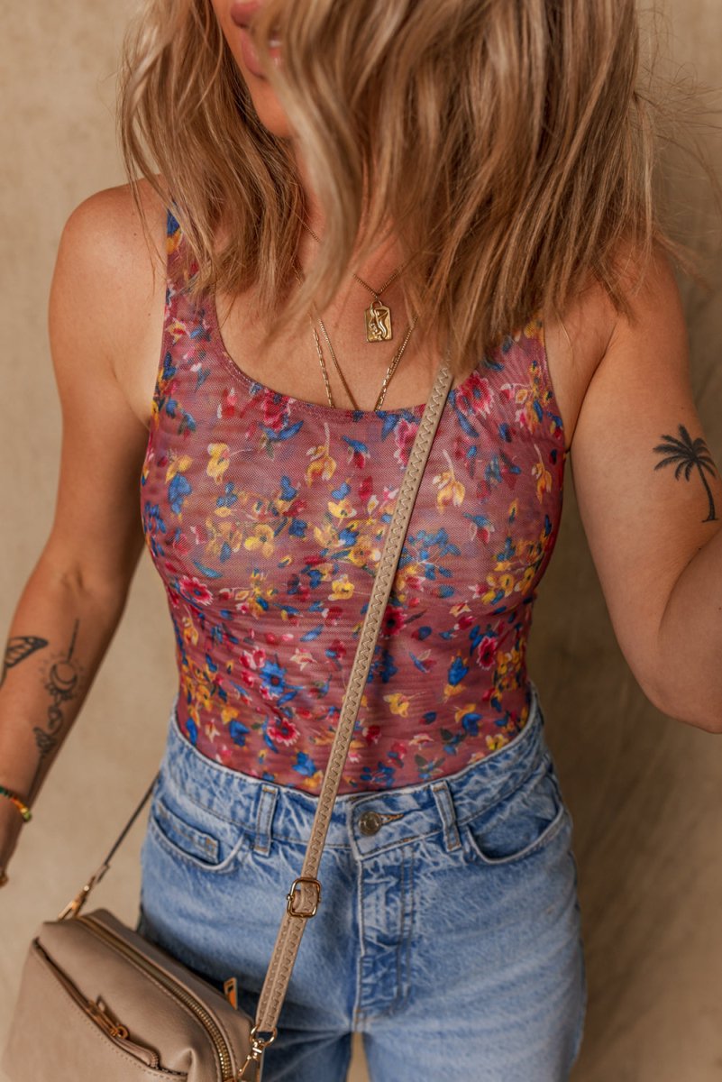 Purple Floral Printed Mesh U Neck Sleeveless Bodysuit Fashion - Love Salve 