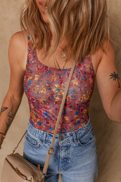 Purple Floral Printed Mesh U Neck Sleeveless Bodysuit Fashion - Love Salve 