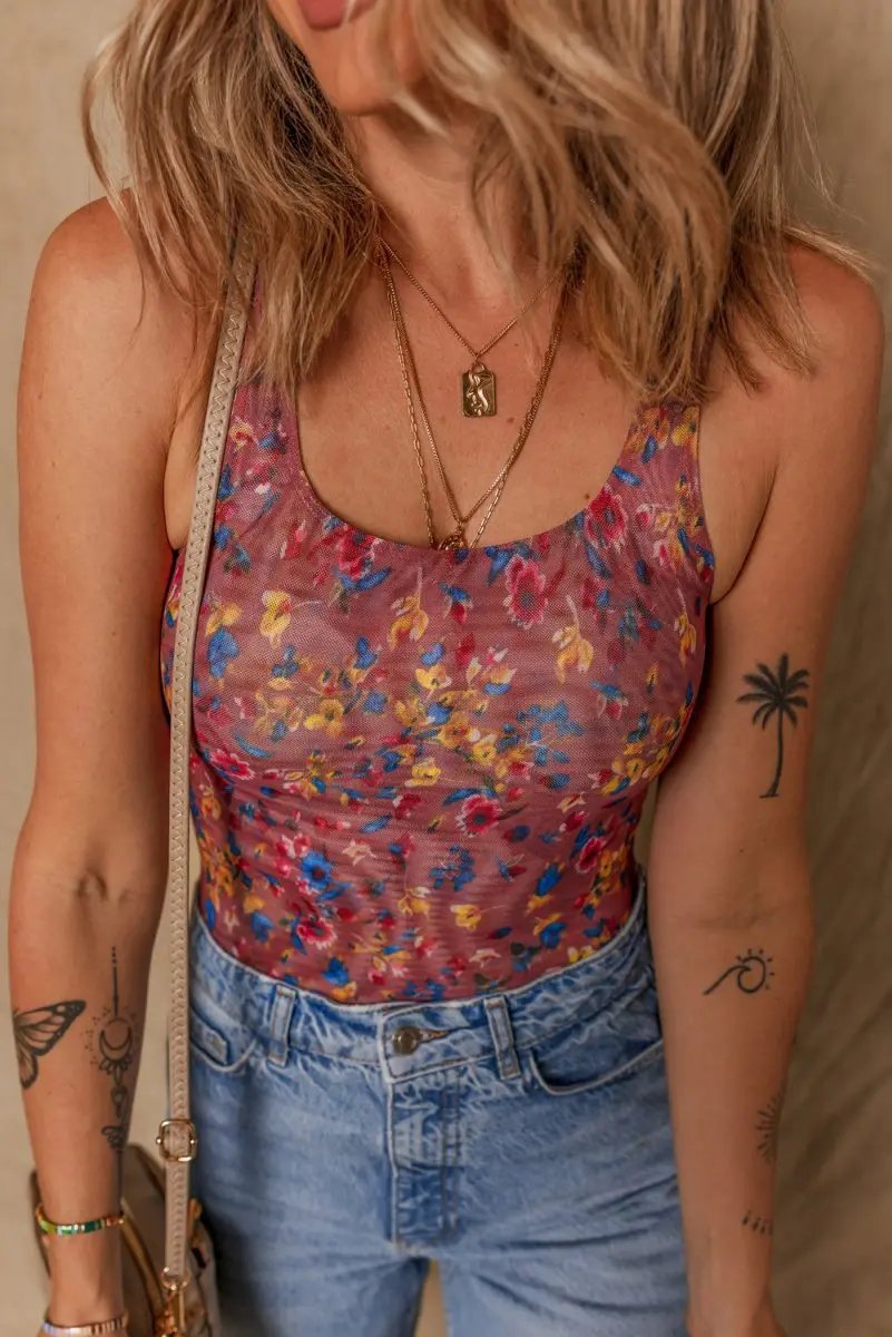 Purple Floral Printed Mesh U Neck Sleeveless Bodysuit Fashion - Love Salve 
