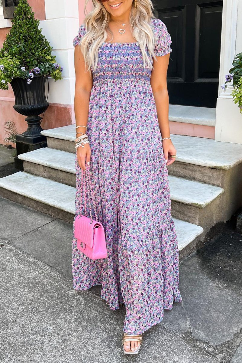 Purple Floral Short Bubble Sleeve Shirred High Waist Maxi Dress - Love Salve 