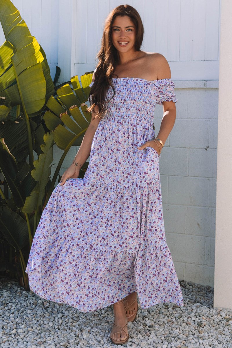 Purple Floral Short Bubble Sleeve Shirred High Waist Maxi Dress - Love Salve 
