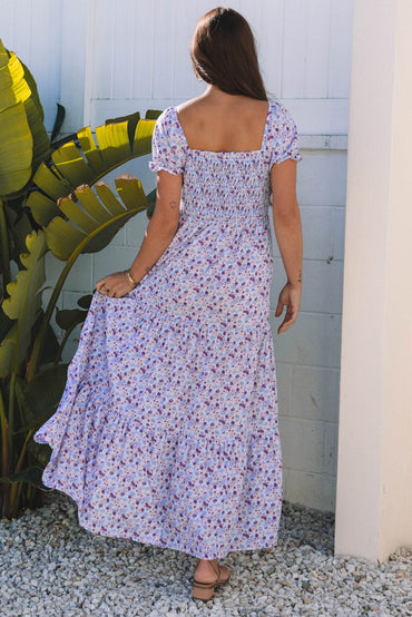 Purple Floral Short Bubble Sleeve Shirred High Waist Maxi Dress - Love Salve 