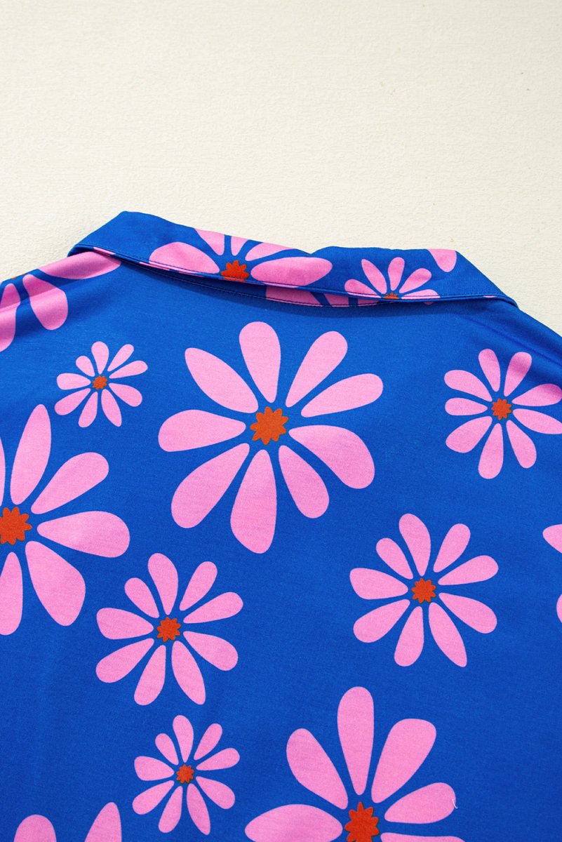 Purple Floral Striped Quarter Zip Cap Sleeve Drawstring Waist Mini Dress - Love Salve 