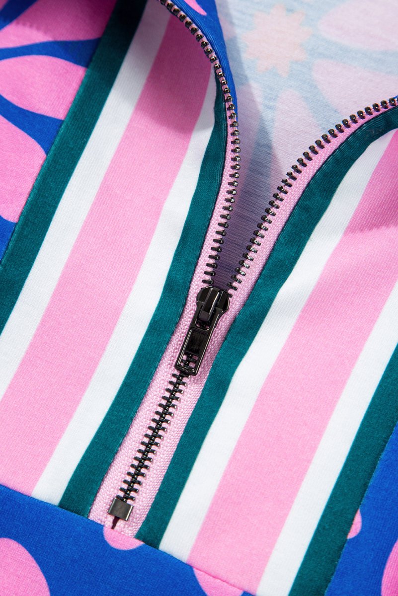 Purple Floral Striped Quarter Zip Cap Sleeve Drawstring Waist Mini Dress - Love Salve 