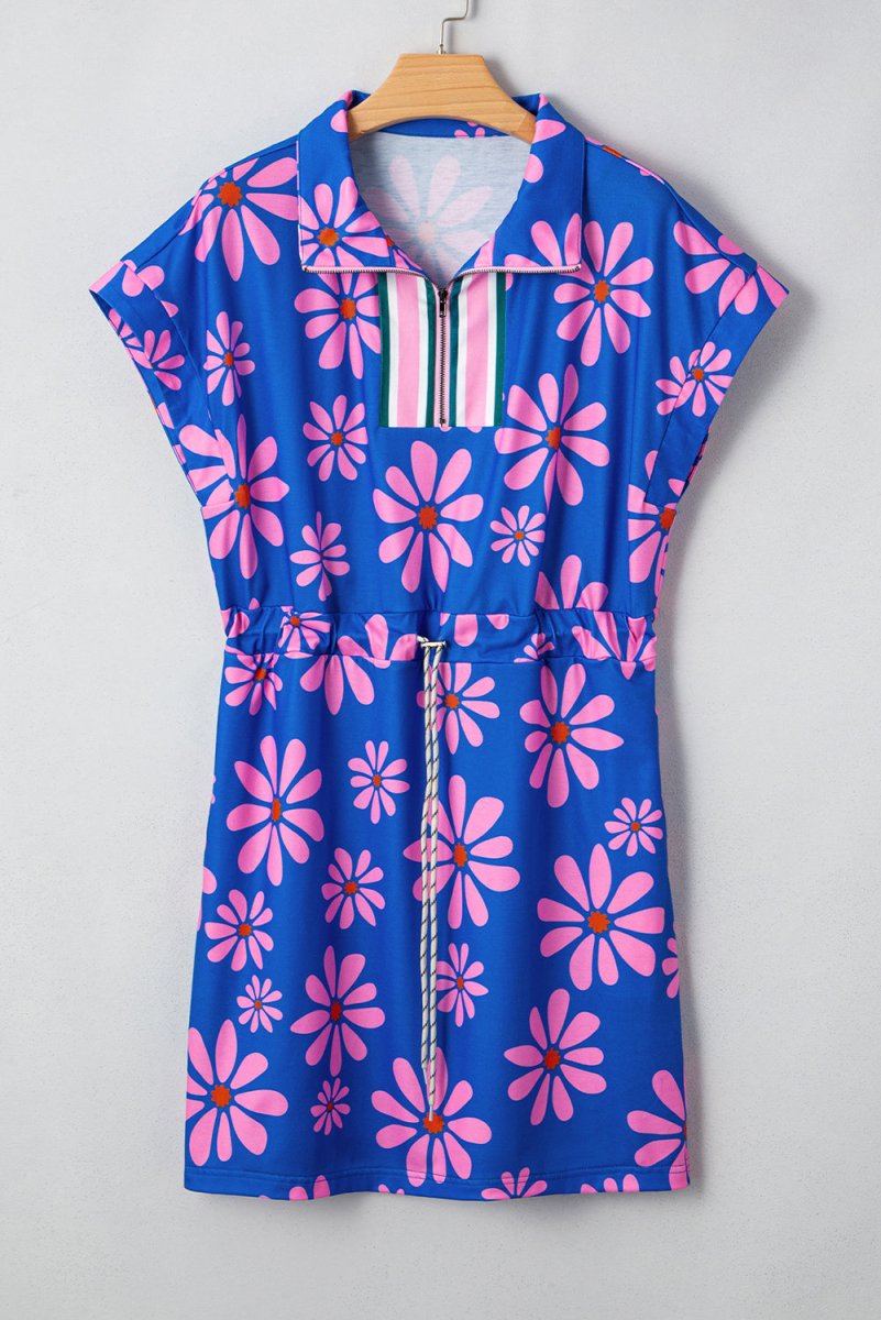 Purple Floral Striped Quarter Zip Cap Sleeve Drawstring Waist Mini Dress - Love Salve 