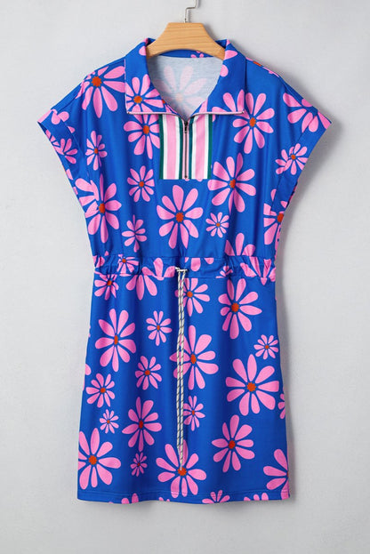 Purple Floral Striped Quarter Zip Cap Sleeve Drawstring Waist Mini Dress - Love Salve 