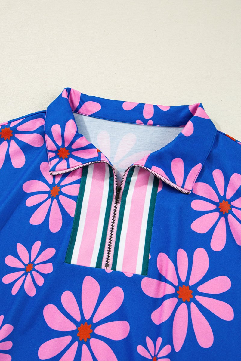 Purple Floral Striped Quarter Zip Cap Sleeve Drawstring Waist Mini Dress - Love Salve 