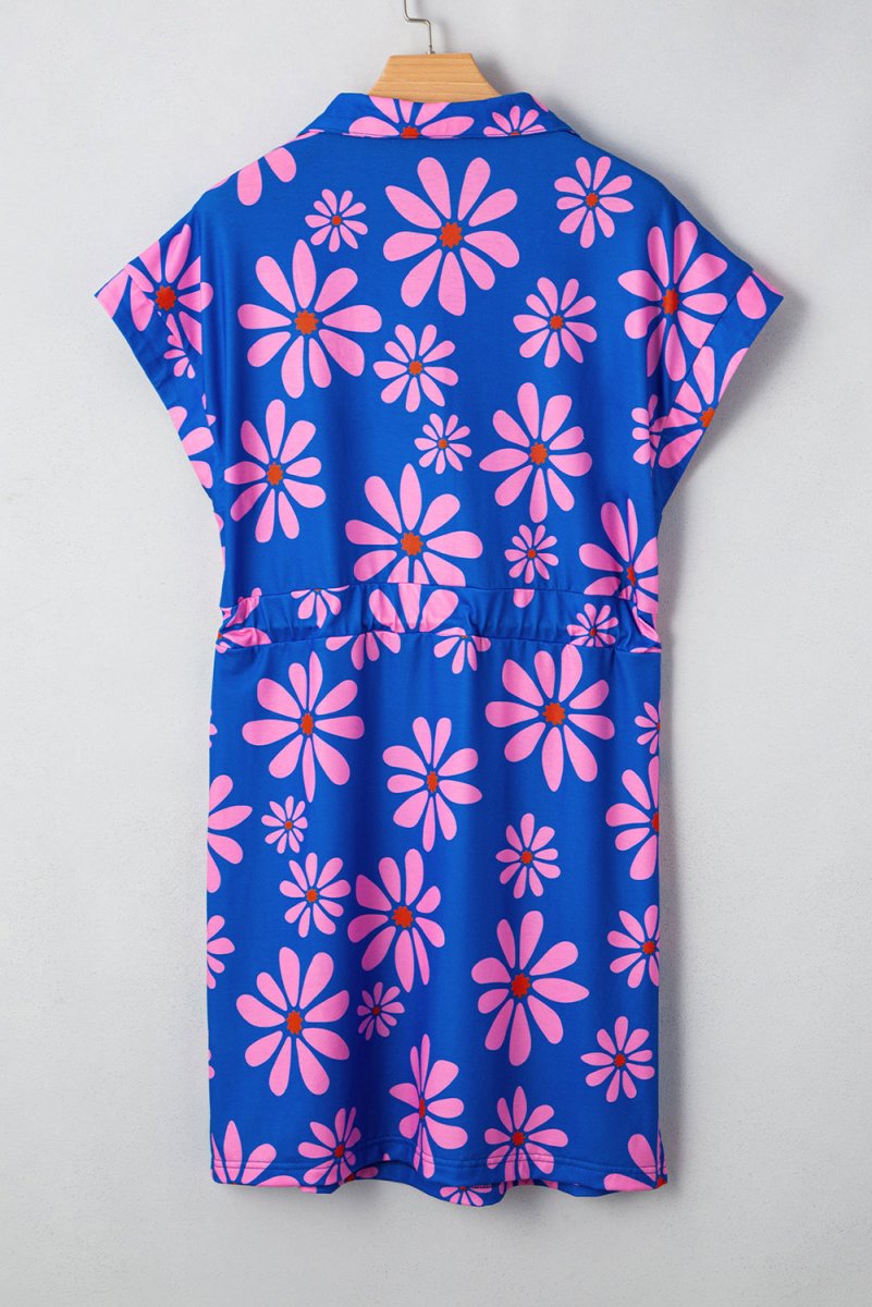 Purple Floral Striped Quarter Zip Cap Sleeve Drawstring Waist Mini Dress - Love Salve 