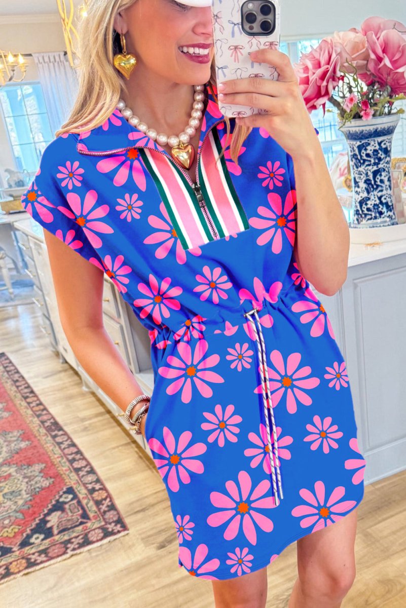 Purple Floral Striped Quarter Zip Cap Sleeve Drawstring Waist Mini Dress - Love Salve 