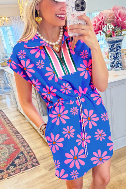 Purple Floral Striped Quarter Zip Cap Sleeve Drawstring Waist Mini Dress - Love Salve 