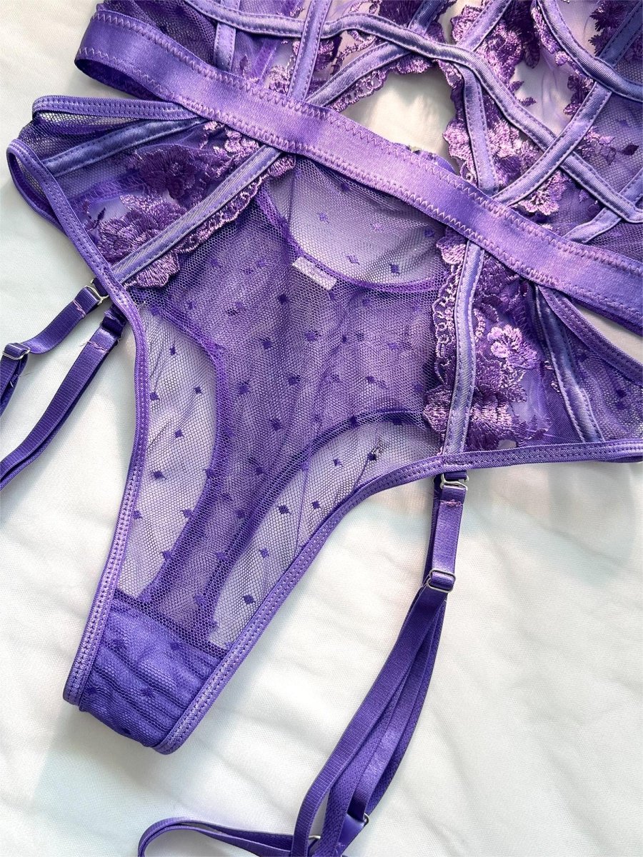 Purple Solid Elegant Embroidered Lace Bodysuit - Love Salve