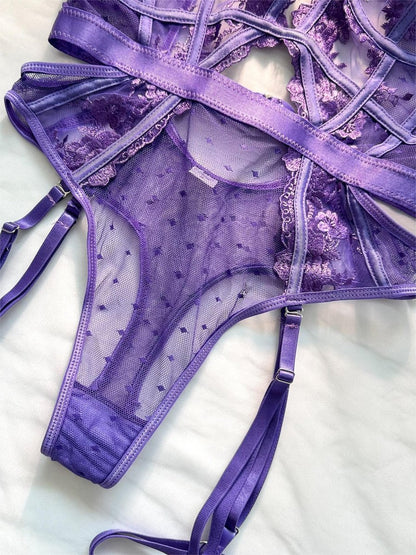 Purple Solid Elegant Embroidered Lace Bodysuit - Love Salve