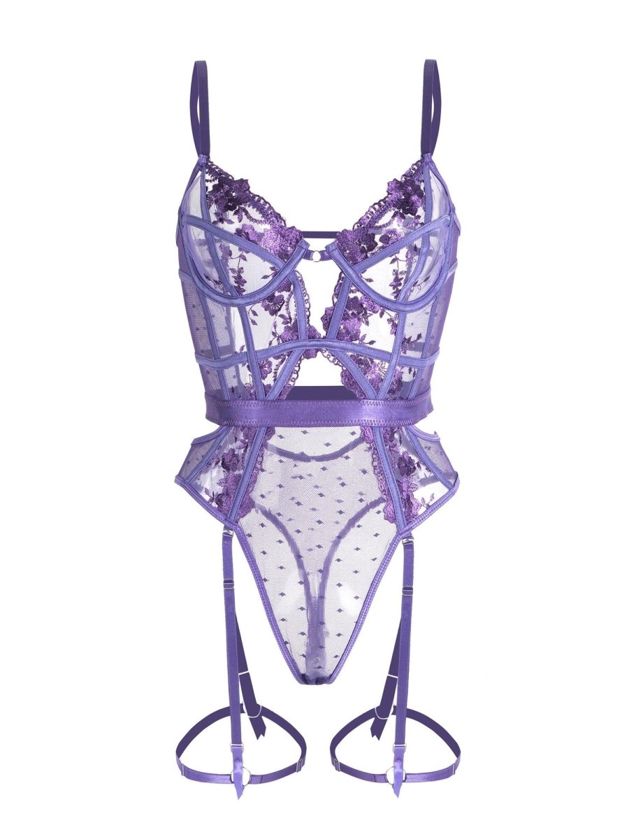 Purple Solid Elegant Embroidered Lace Bodysuit - Love Salve