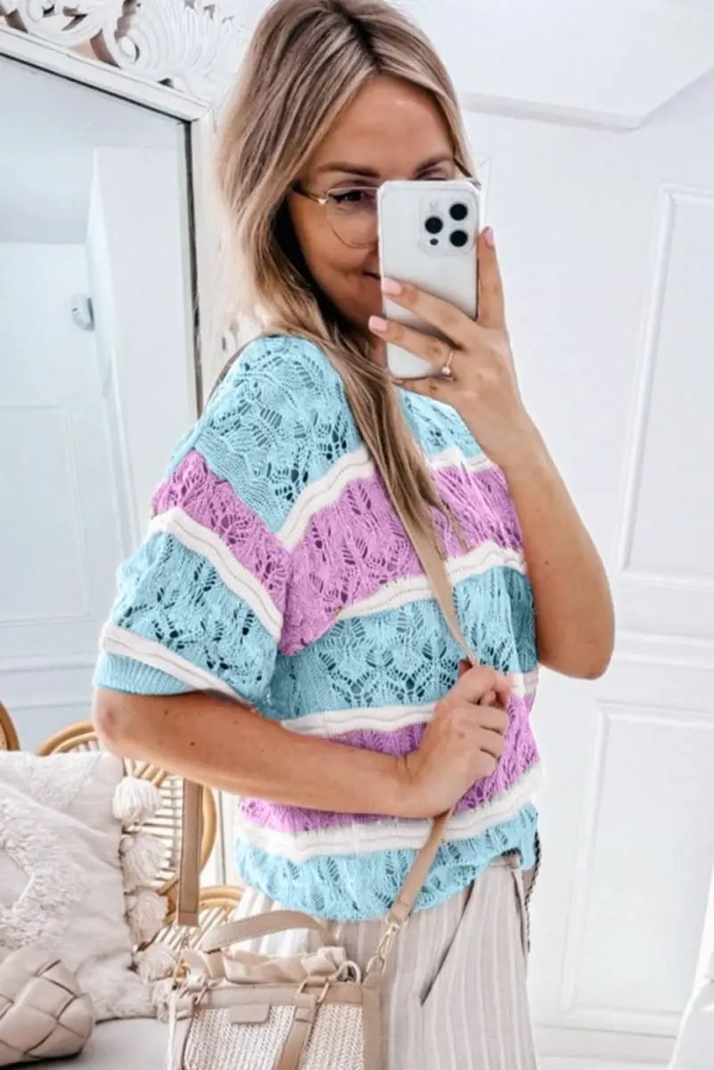 Purple Striped Crochet Color Block Half Sleeve Sweater - Love Salve 