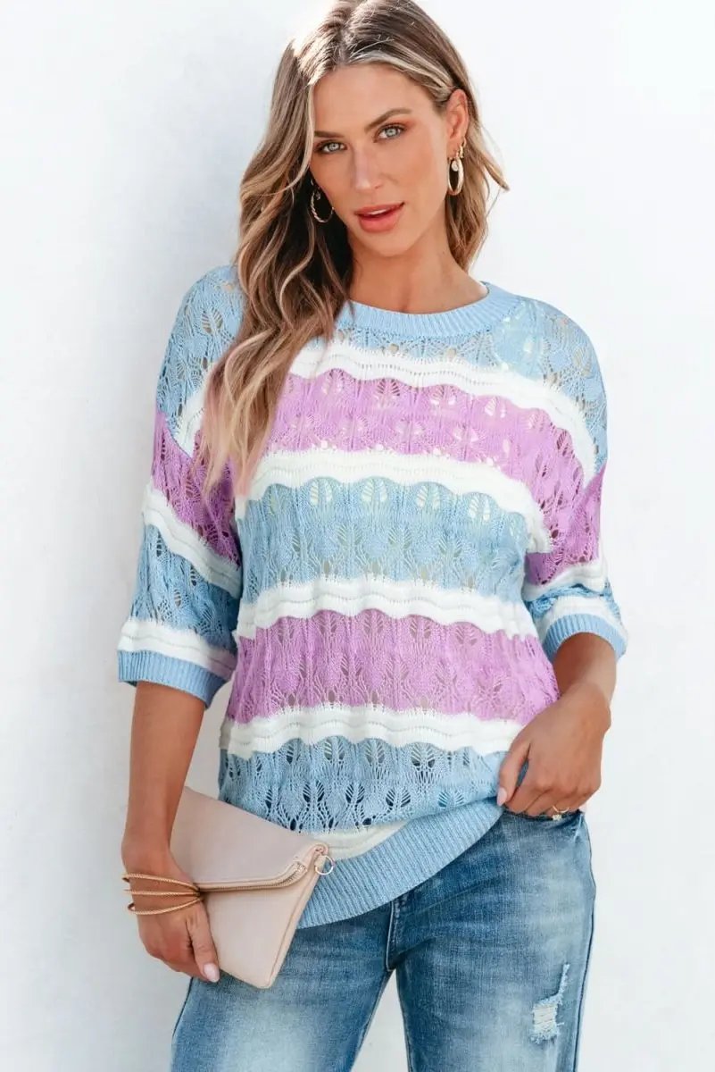 Purple Striped Crochet Color Block Half Sleeve Sweater - Love Salve 