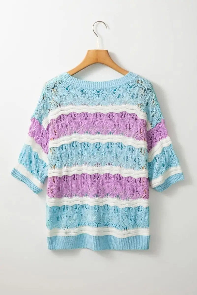 Purple Striped Crochet Color Block Half Sleeve Sweater - Love Salve 