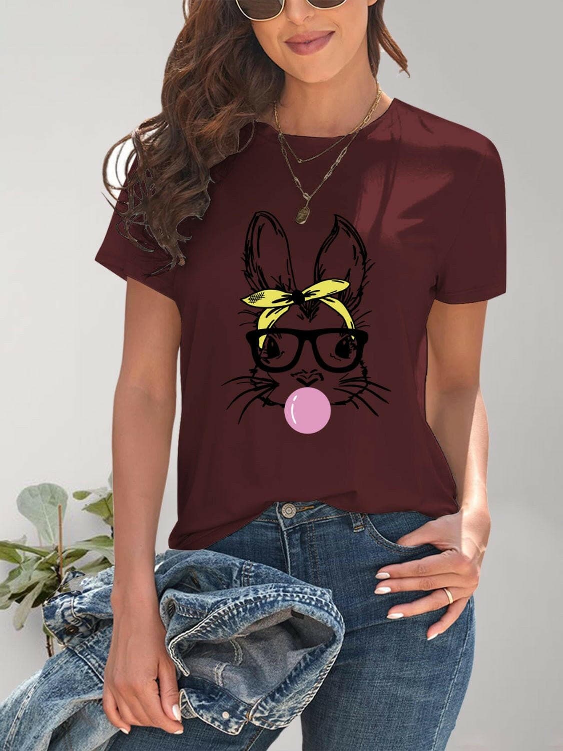 Rabbit Graphic Round Neck Short Sleeve T-Shirt - Love Salve