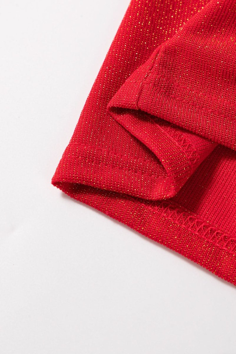 Racing Red Metallic Bowknot Open Back V Neck Top - Love Salve 