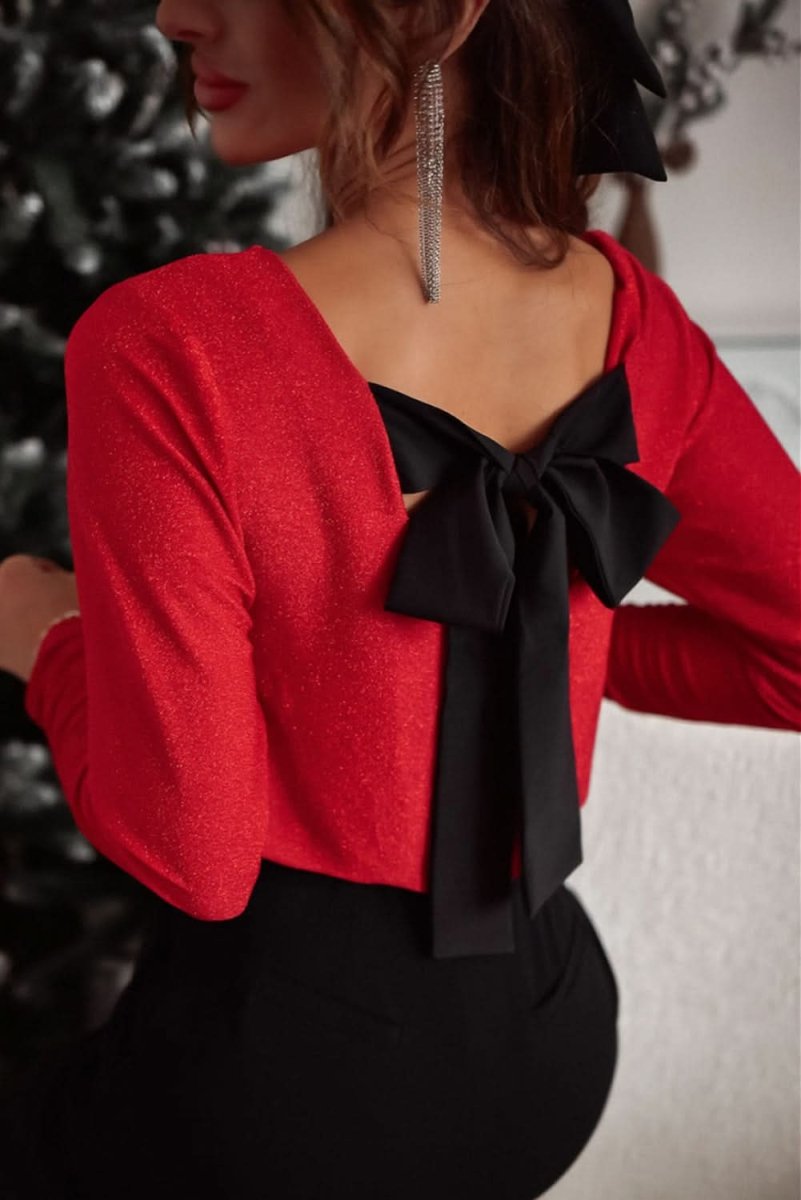 Racing Red Metallic Bowknot Open Back V Neck Top - Love Salve 