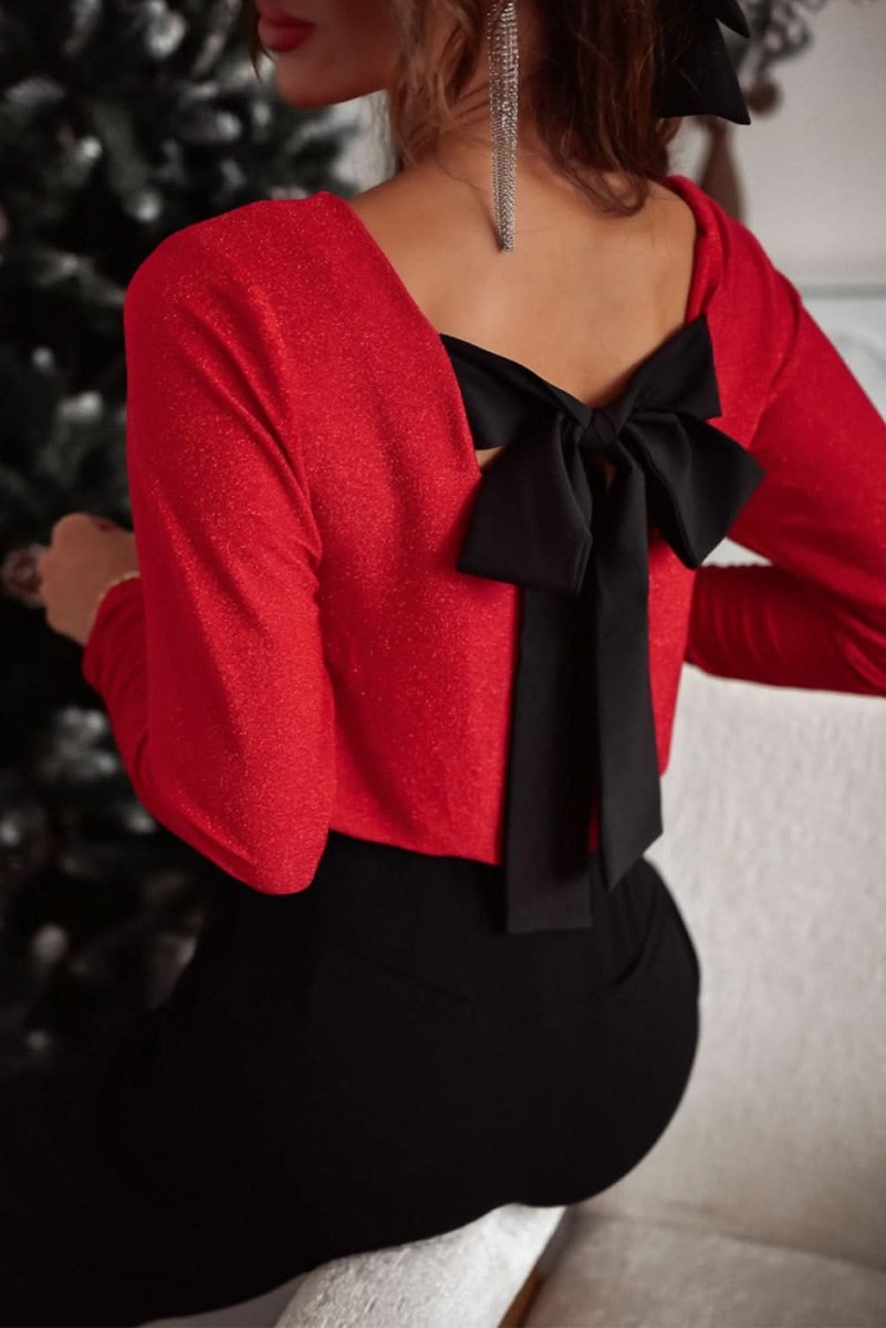 Racing Red Metallic Bowknot Open Back V Neck Top - Love Salve