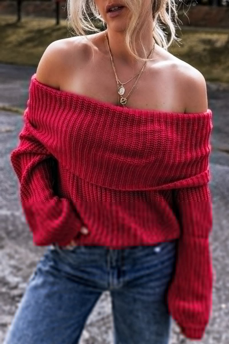 Racing Red Off-the-shoulder Knit Sweater - Love Salve 
