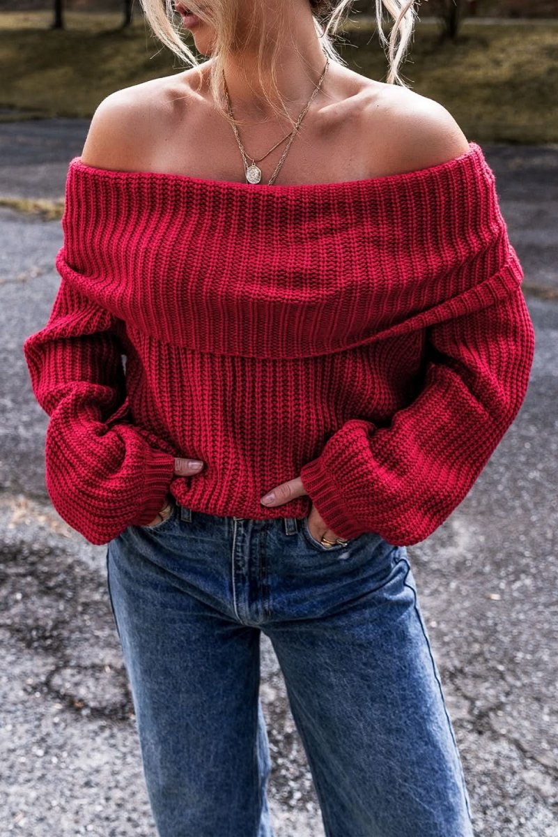 Racing Red Off-the-shoulder Knit Sweater - Love Salve 