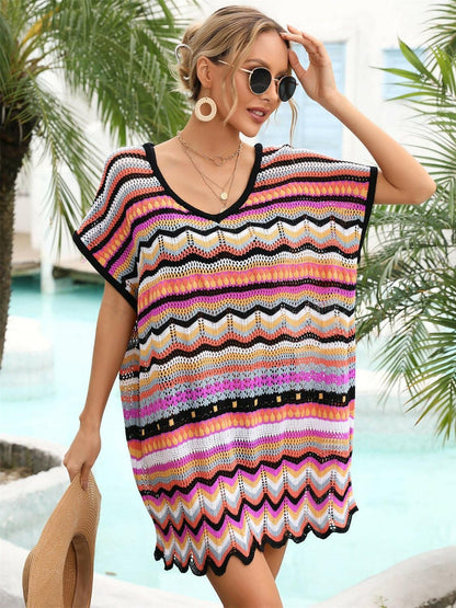 Rainbow Stripe Scalloped V-Neck Cover-Up Dress - Love Salve