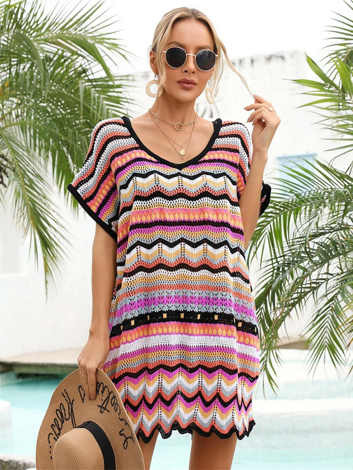 Rainbow Stripe Scalloped V-Neck Cover-Up Dress - Love Salve