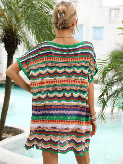 Rainbow Stripe Scalloped V-Neck Cover-Up Dress - Love Salve