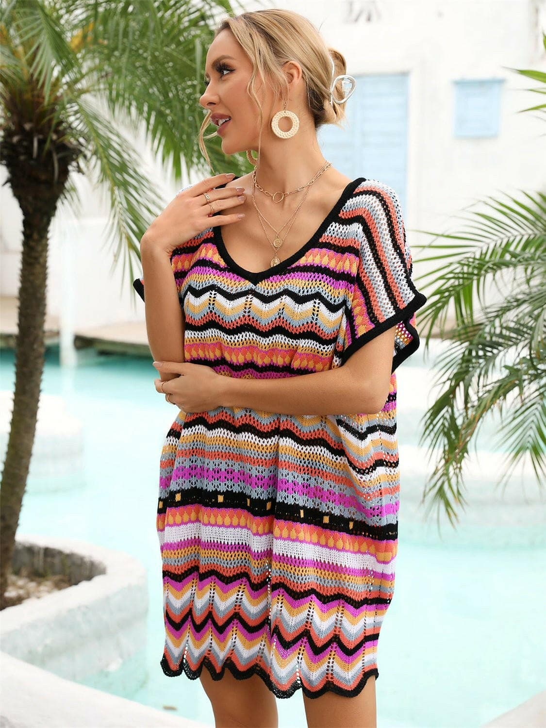 Rainbow Stripe Scalloped V-Neck Cover-Up Dress - Love Salve