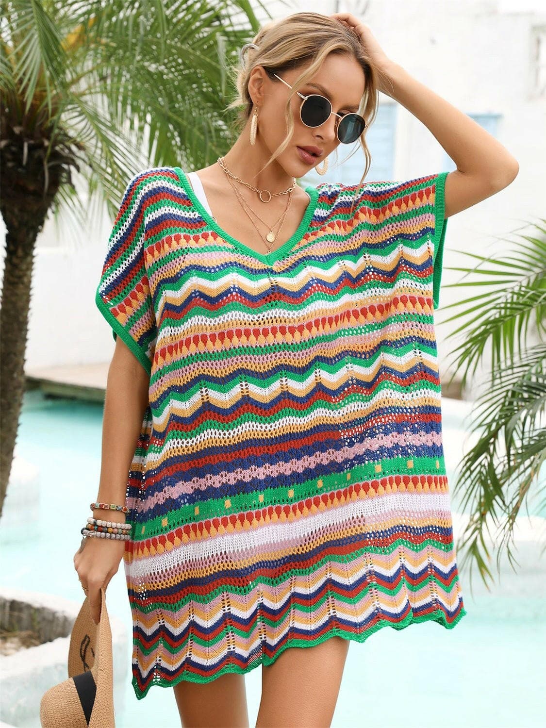 Rainbow Stripe Scalloped V-Neck Cover-Up Dress - Love Salve