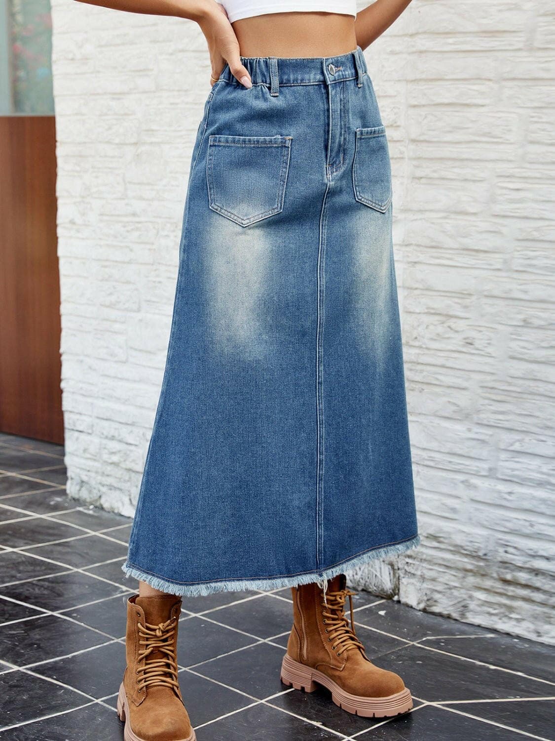 Raw Hem Buttoned Denim Skirt with Pockets - Love Salve