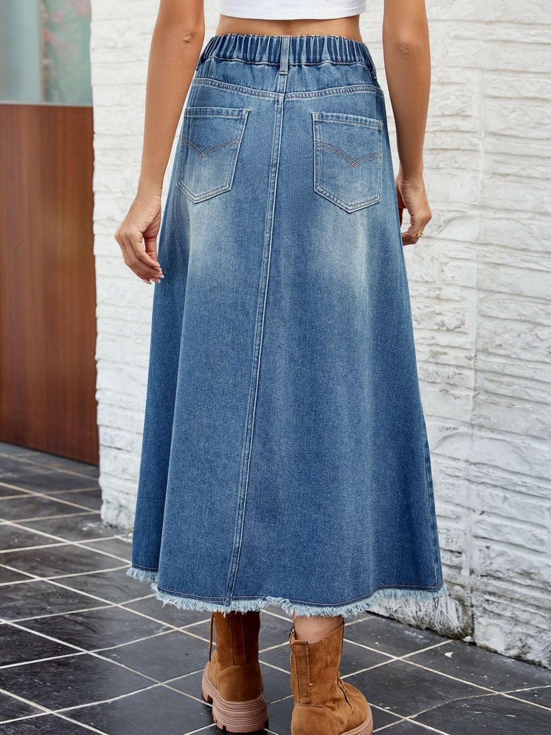 Raw Hem Buttoned Denim Skirt with Pockets - Love Salve