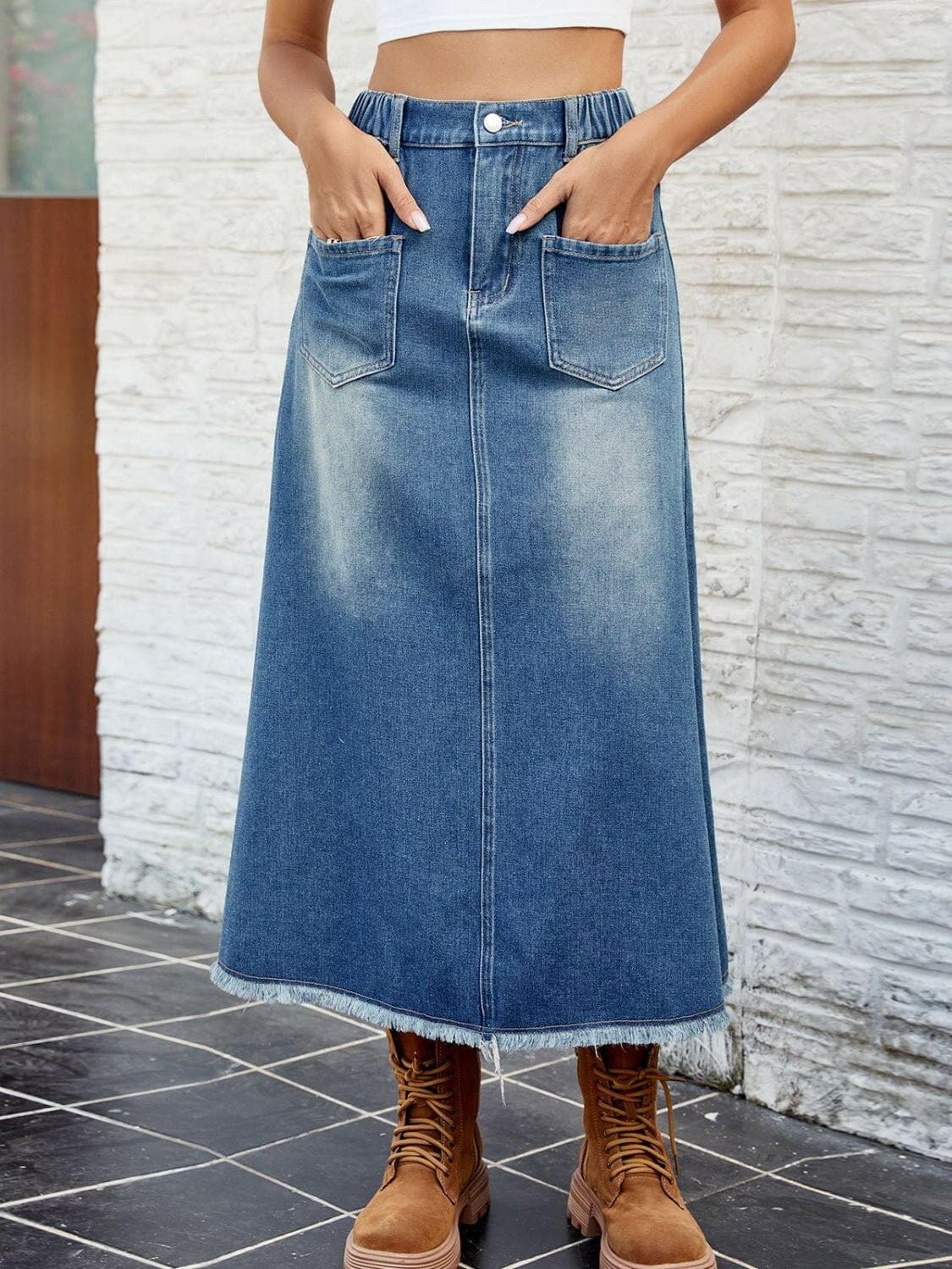 Raw Hem Buttoned Denim Skirt with Pockets - Love Salve