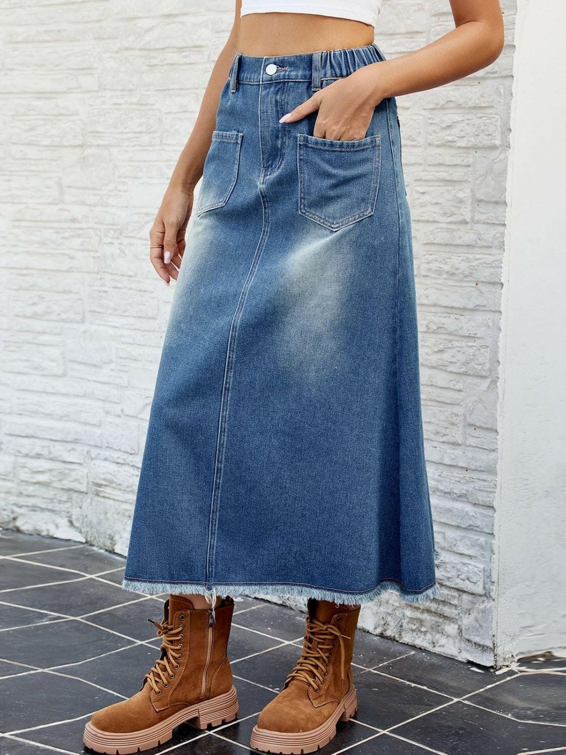 Raw Hem Buttoned Denim Skirt with Pockets - Love Salve