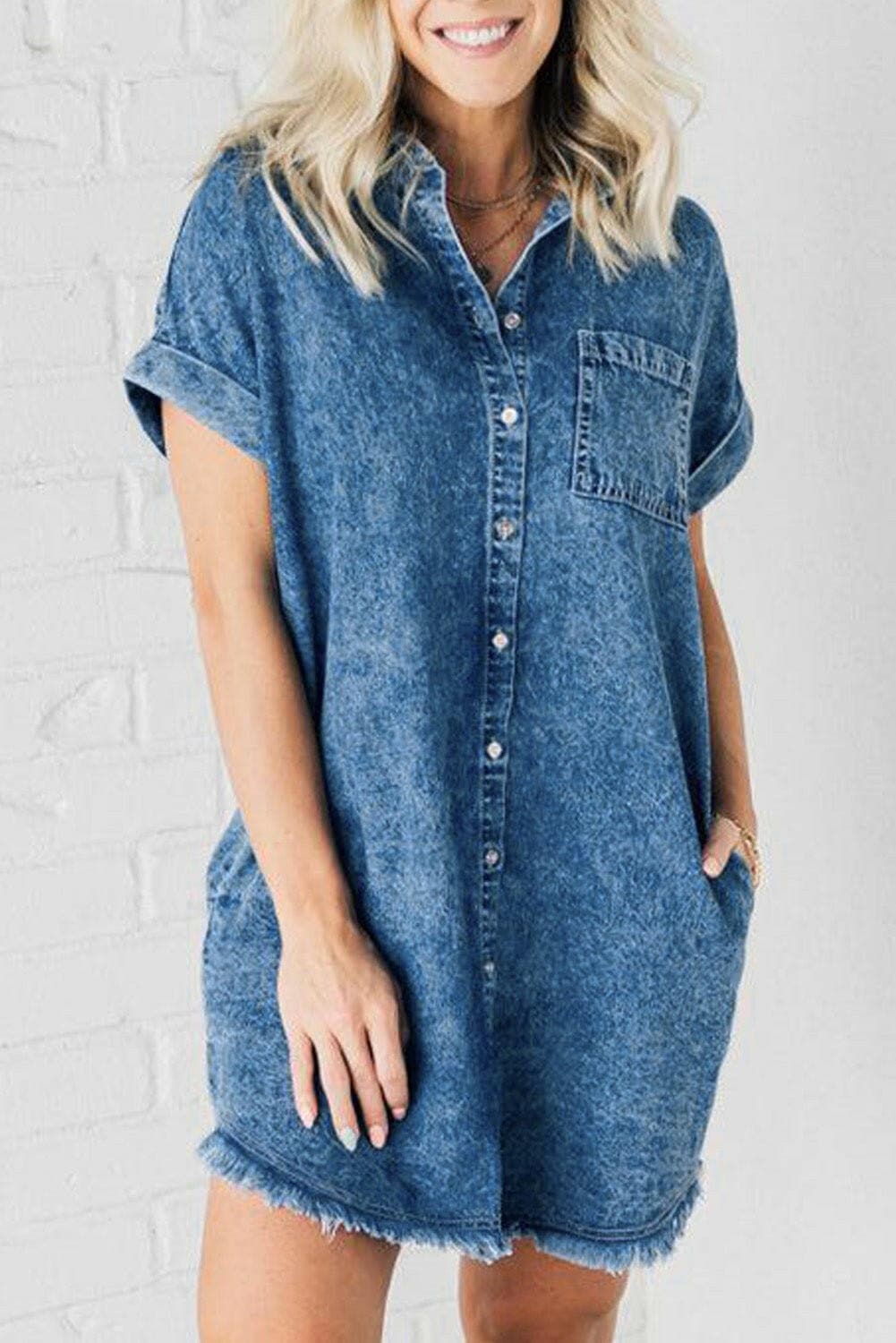 Denim Dress with Cap Sleeves and Raw Hem PocketsDenim Dress with Cap Sleeves and Raw Hem Pockets
 Introducing our versatile Denim Dress with Cap Sleeves and Raw Hem Pockets, a wardrobe essential that effortlessly Love Salve Raw Hem Pocketsjust arrived