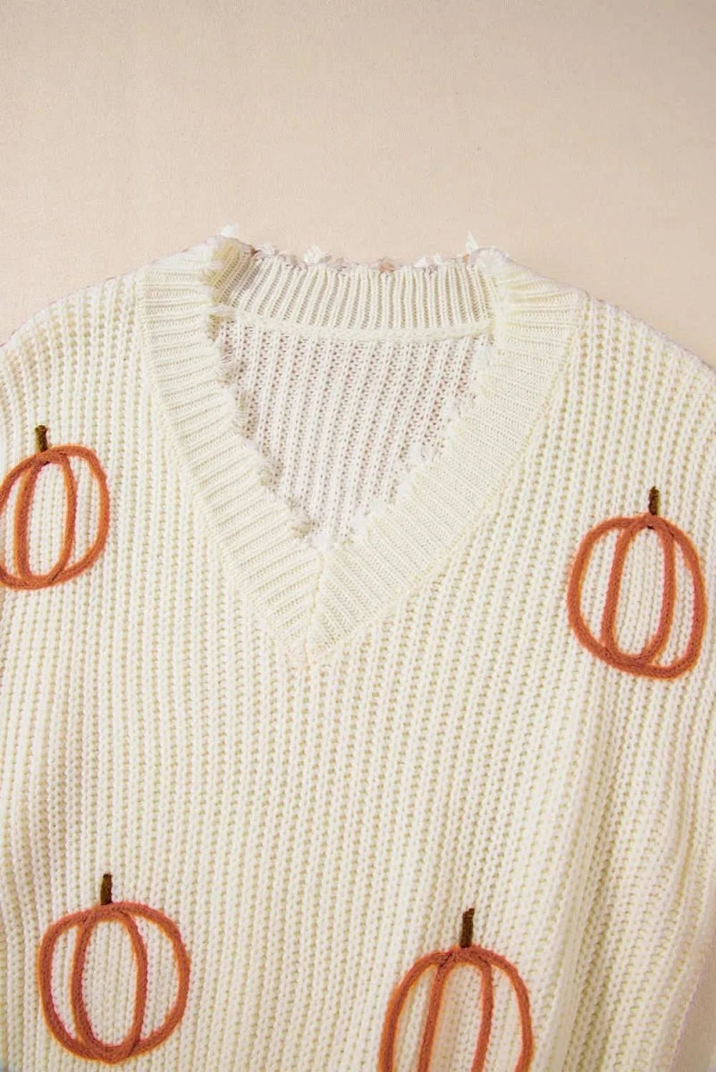 Raw Hem Pumpkin V-Neck Long Sleeve Sweater - Love Salve 