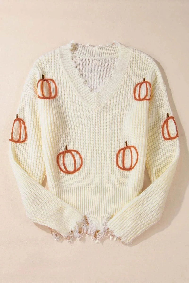 Raw Hem Pumpkin V-Neck Long Sleeve Sweater - Love Salve 