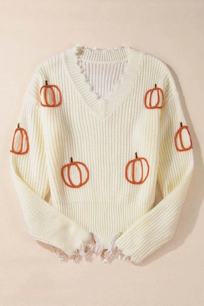 Raw Hem Pumpkin V-Neck Long Sleeve Sweater - Love Salve 