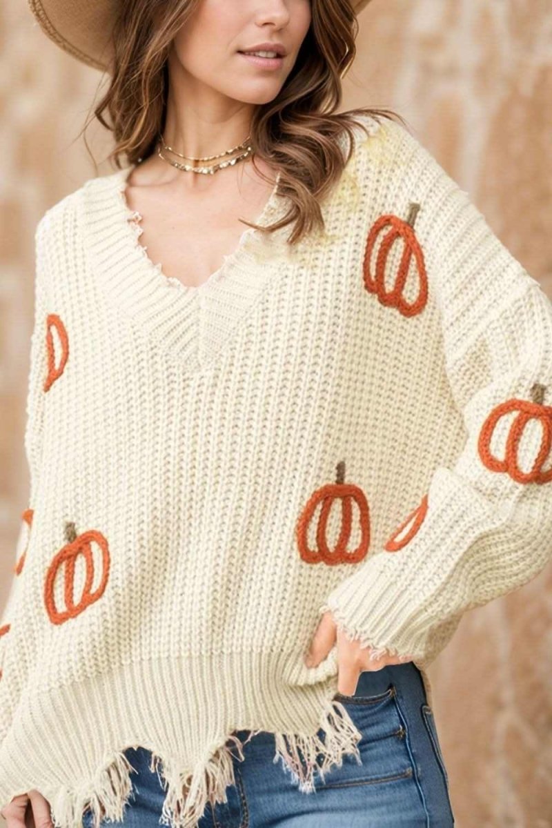 Raw Hem Pumpkin V-Neck Long Sleeve Sweater - Love Salve 