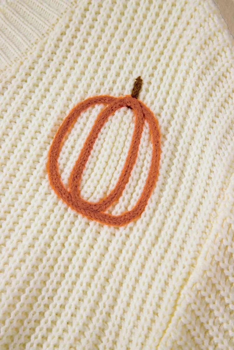 Raw Hem Pumpkin V-Neck Long Sleeve Sweater - Love Salve 