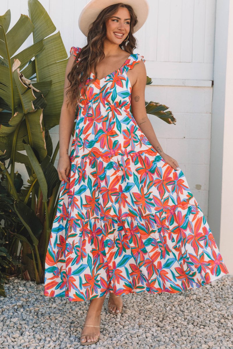 Red Boho Floral Ruffled Strap V Neck Maxi Dress for Summer and Beach - Love Salve 