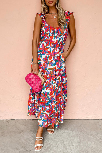 Red Boho Floral Ruffled Strap V Neck Maxi Dress for Summer and Beach - Love Salve 