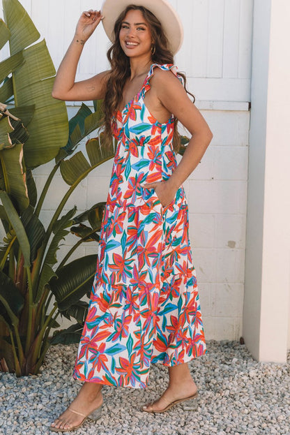Red Boho Floral Ruffled Strap V Neck Maxi Dress for Summer and Beach - Love Salve 