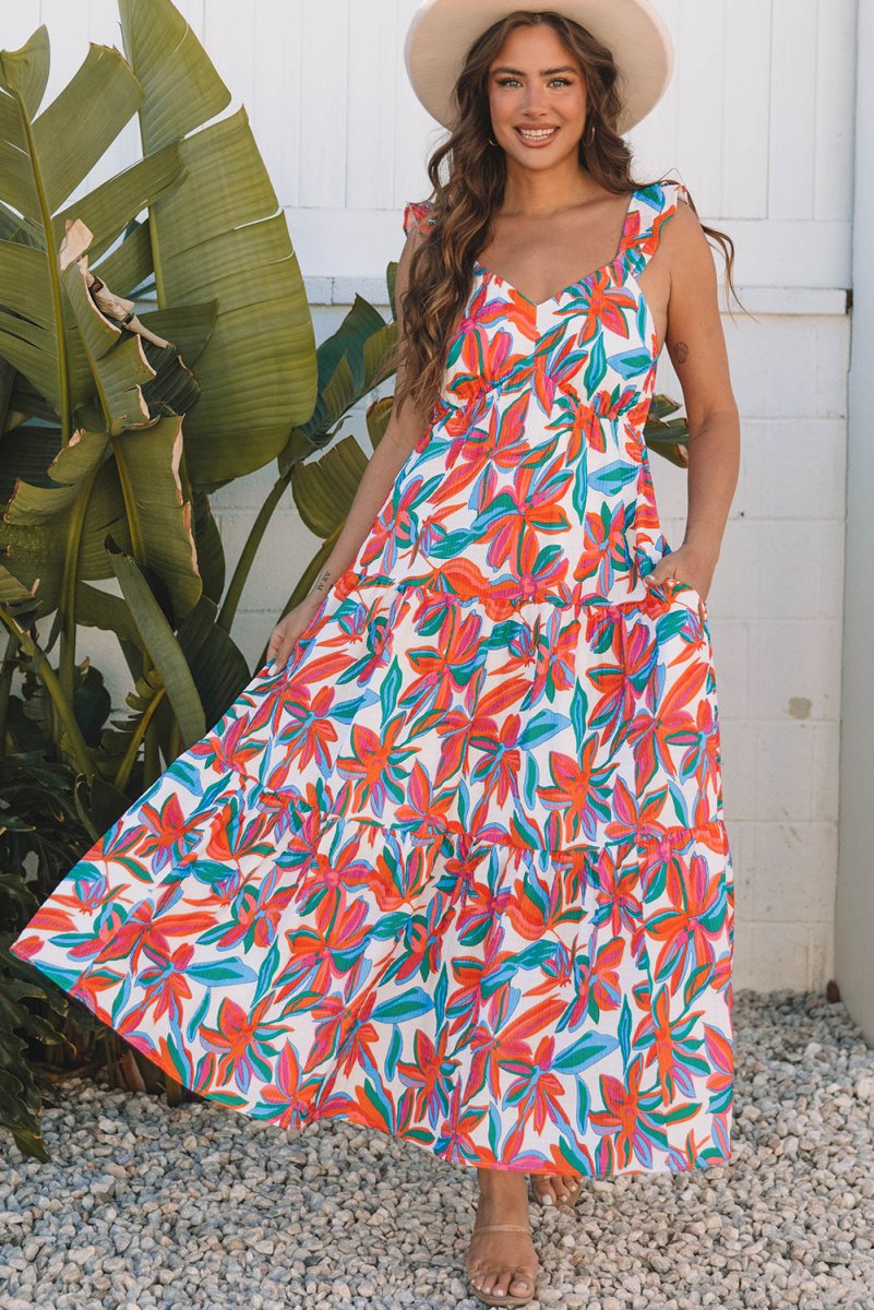 Red Boho Floral Ruffled Strap V Neck Maxi Dress for Summer and Beach - Love Salve 
