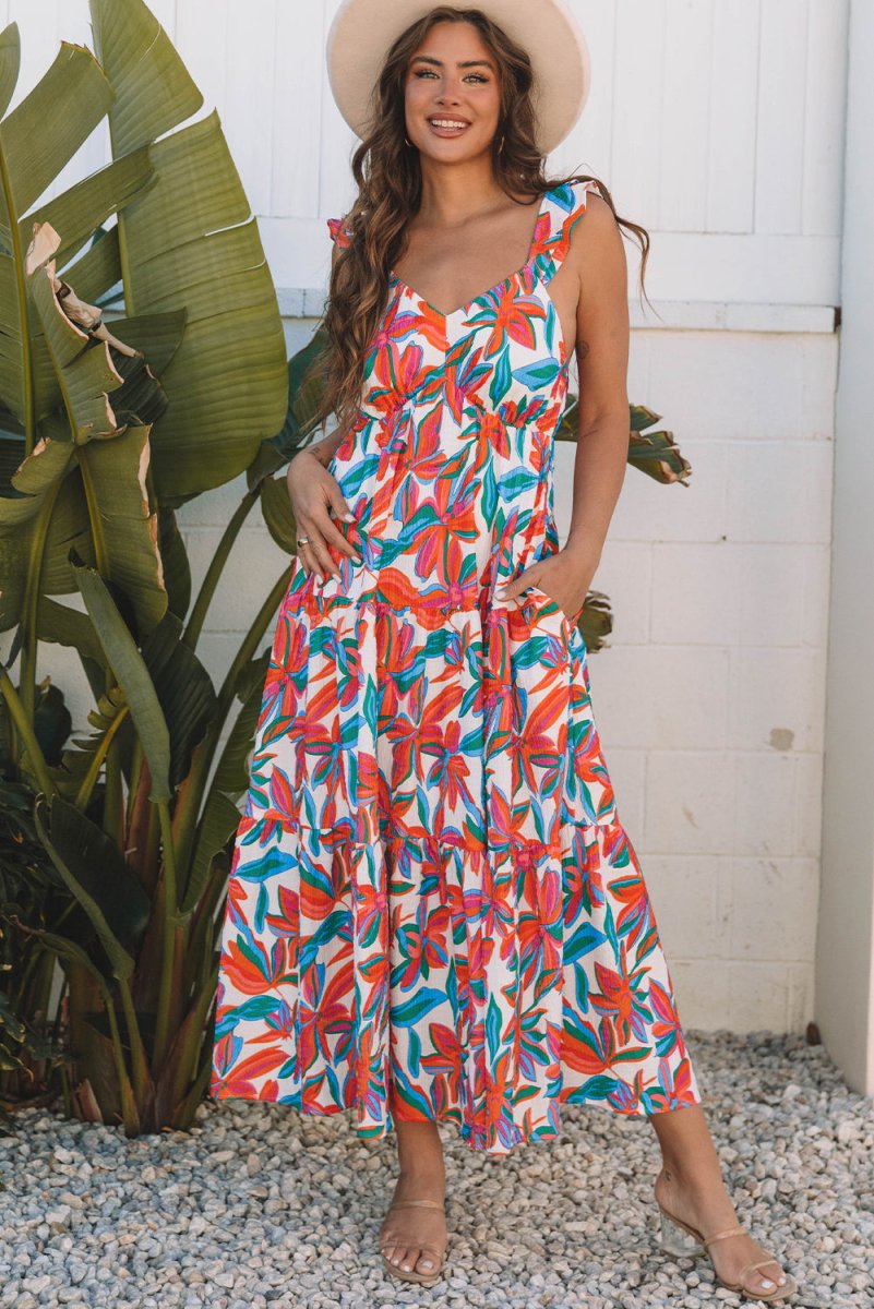 Red Boho Floral Ruffled Strap V Neck Maxi Dress for Summer and Beach - Love Salve 