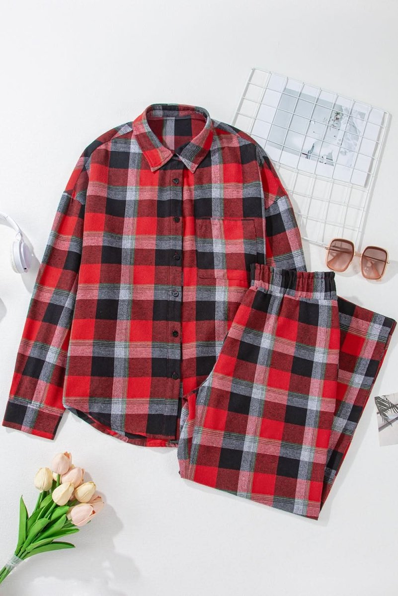 Red Christmas Checkered Pattern Loose Shirt and Pants Lounge Set - Love Salve 