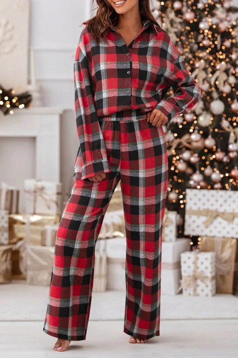 Red Christmas Checkered Pattern Loose Shirt and Pants Lounge Set - Love Salve 
