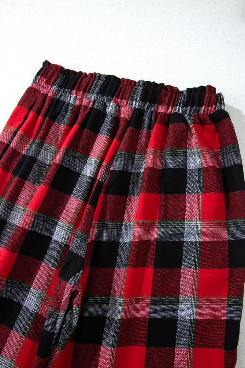 Red Christmas Checkered Pattern Loose Shirt and Pants Lounge Set - Love Salve 